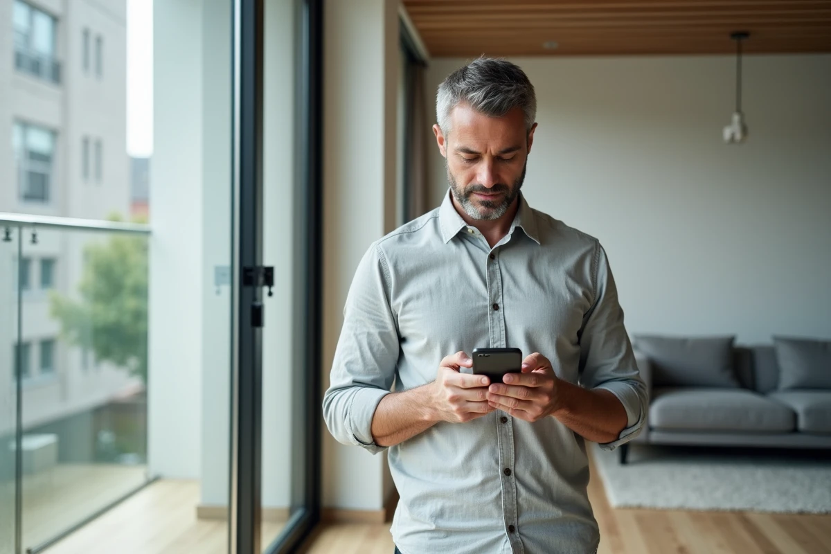 Homme accédant à son espace client LCL sur smartphone depuis son salon