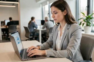 Salariée activant son compte Arkevia coffre fort numérique sur un ordinateur portable au bureau