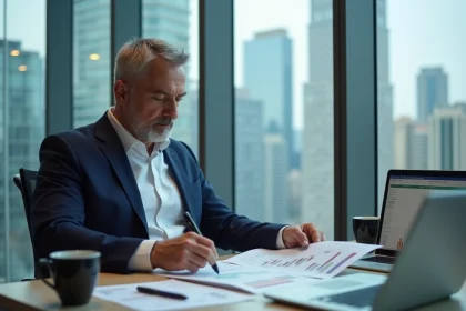 Homme d'affaires analysant des documents financiers liés aux actions gratuites Air Liquide dans un bureau moderne