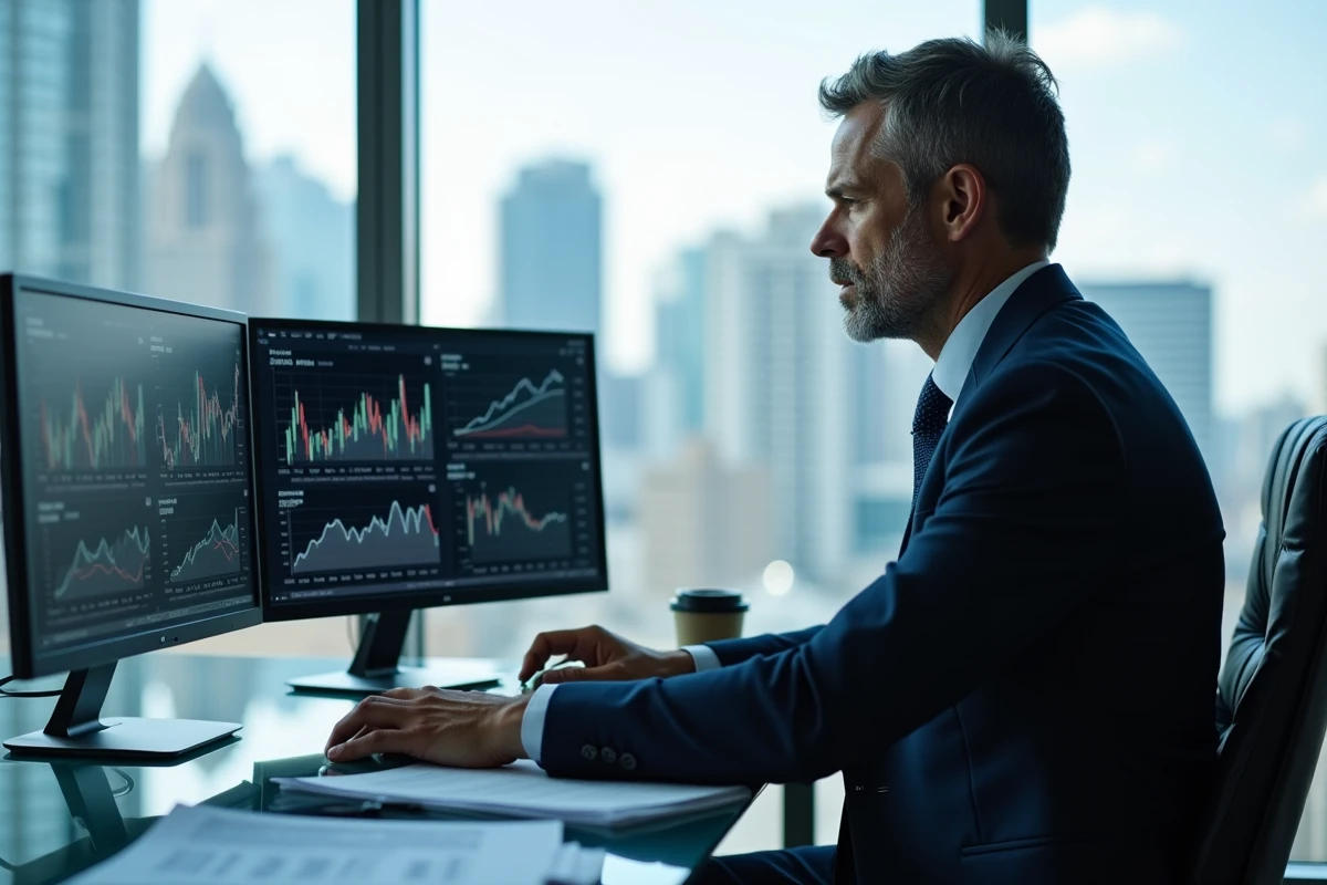 Analyste financier examinant les perspectives boursières de l'action Thales sur des écrans de trading en bureau d'entreprise
