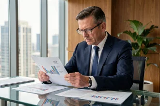 Analyste financier examinant des rapports sur le dividende FDJ et les marges de sécurité pour 2026 dans un bureau moderne