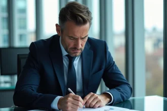 Analyste financier examinant des graphiques boursiers en baisse dans un bureau moderne, illustrant la chute du cours de l'action Kering