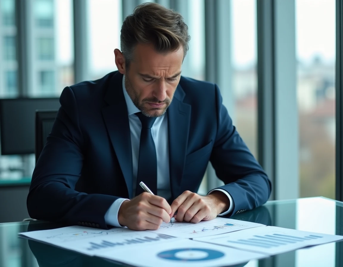 Analyste financier examinant des graphiques boursiers en baisse dans un bureau moderne, illustrant la chute du cours de l'action Kering