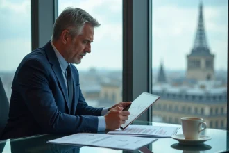 Analyste financier examinant des graphiques boursiers sur tablette dans un bureau moderne avec vue sur Paris, stratégie d'investissement actions Airbus 2026
