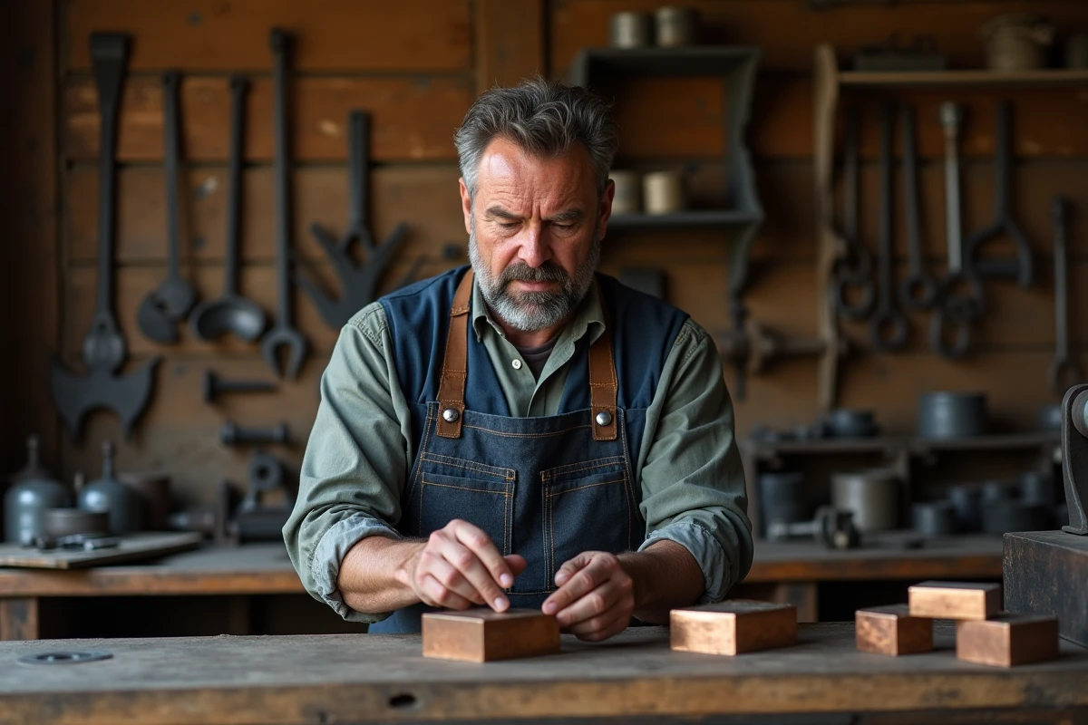 Artisan métallier examinant des lingots de bronze dans son atelier