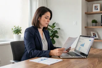 Femme auto-entrepreneuse analysant des documents bancaires professionnels à son bureau à domicile pour choisir un compte Caisse d'Epargne