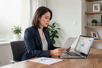 Femme auto-entrepreneuse analysant des documents bancaires professionnels à son bureau à domicile pour choisir un compte Caisse d'Epargne