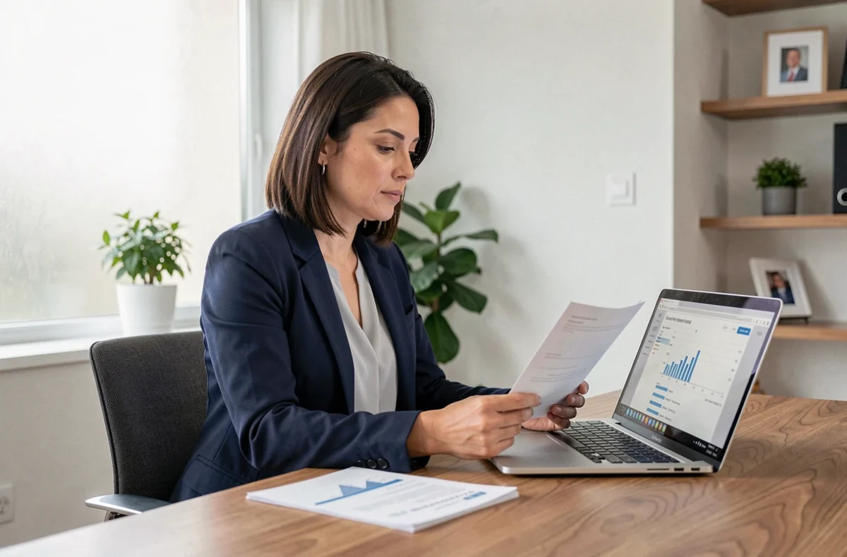 Femme auto-entrepreneuse analysant des documents bancaires professionnels à son bureau à domicile pour choisir un compte Caisse d'Epargne