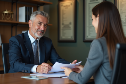 Banquier homme remettant des documents à une cliente