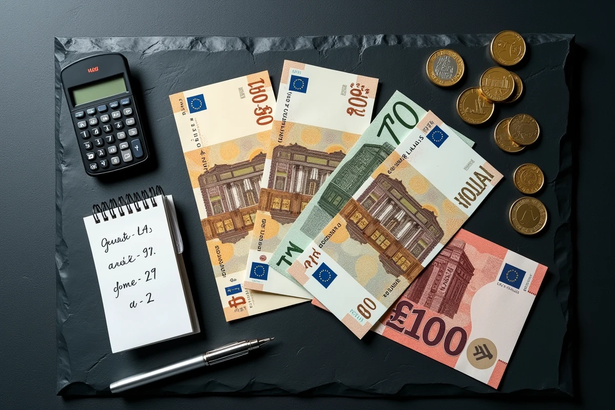Vue aérienne de billets et pièces en dirhams marocains et euros sur ardoise avec calculs de conversion