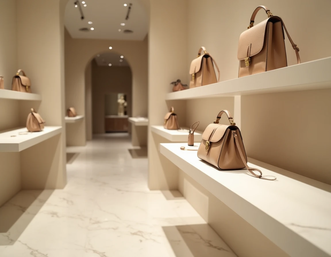 Intérieur d'une boutique de luxe avec des articles en maroquinerie exposés sur des étagères, symbolisant la pression sur les ventes des marques du groupe Kering
