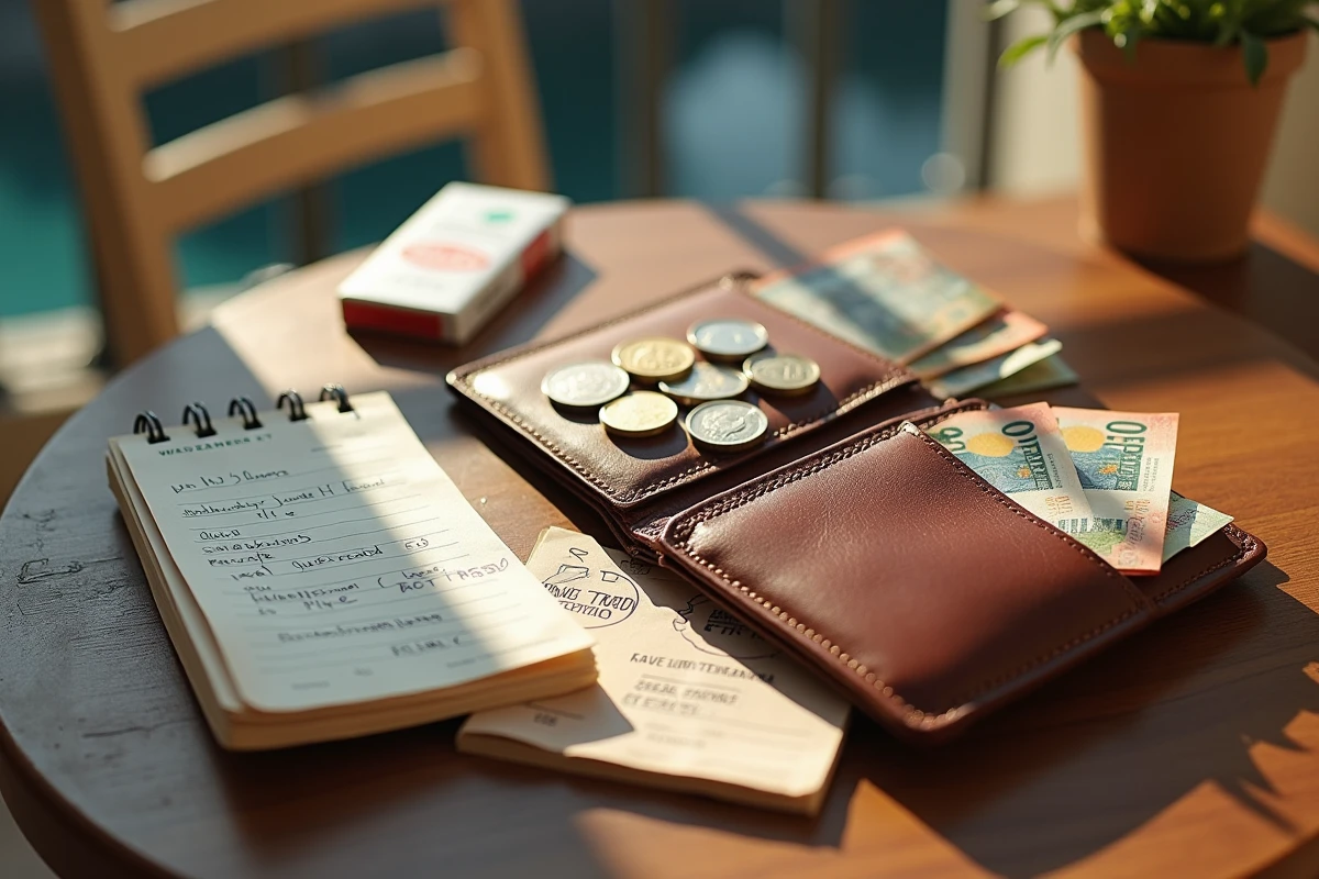 Portefeuille de voyage ouvert avec des euros, un paquet de cigarettes et un carnet de budget vacances en Italie