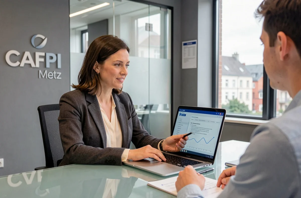 Courtière CAFPI Metz présentant une simulation d'assurance emprunteur sur ordinateur portable à un jeune couple