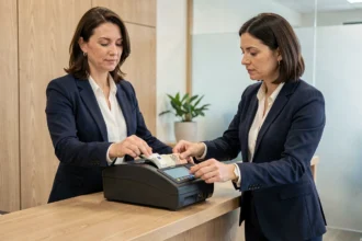 Professionnelle libérale encaissant des honoraires en espèces dans une caisse enregistreuse moderne dans un bureau