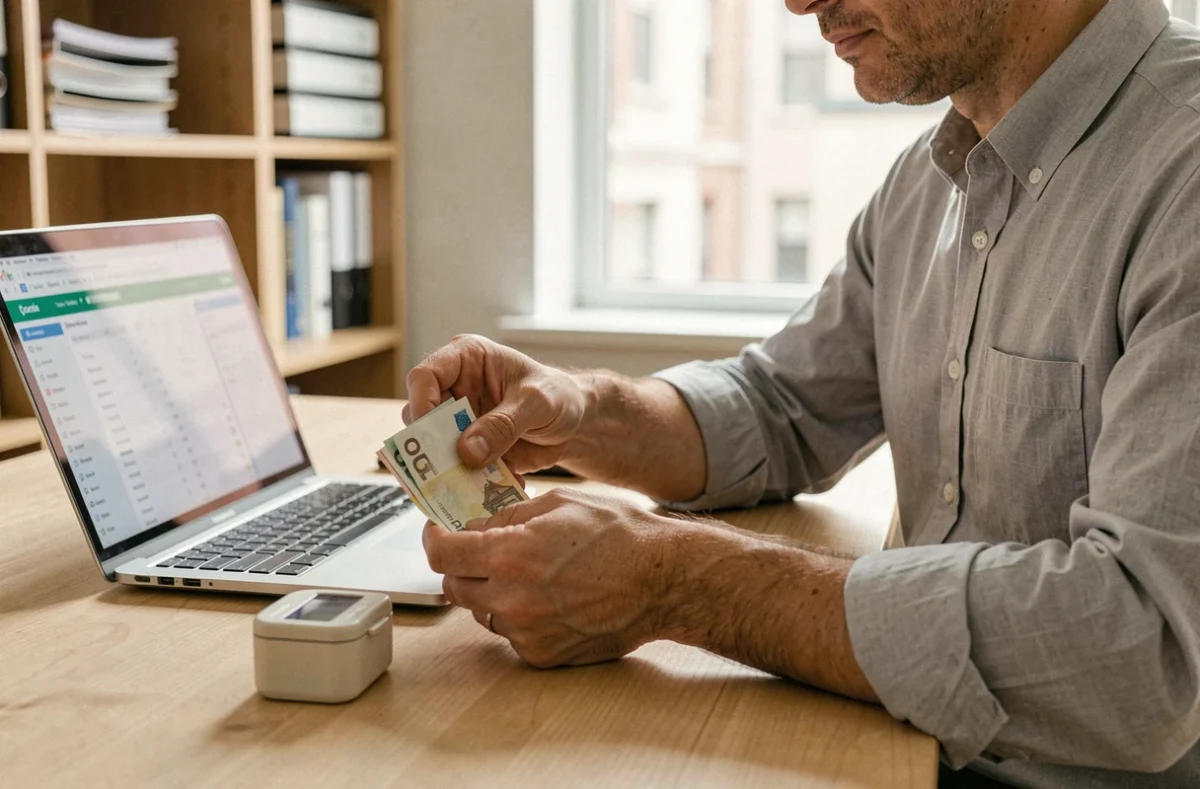 Travailleur indépendant comptant des espèces à côté d'une caisse portative et d'un logiciel de comptabilité sur bureau