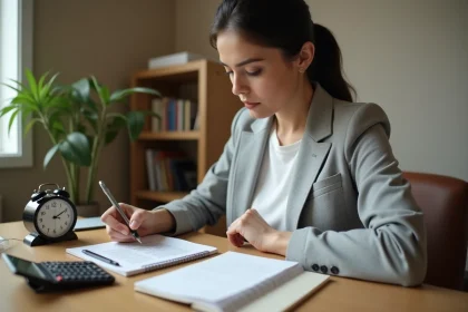 Femme calculant des heures en centièmes dans un carnet à son bureau avec une montre analogique et une calculatrice