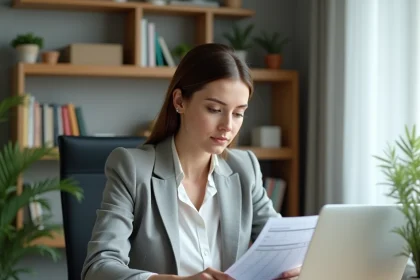 Femme calculant son salaire net en brut sur un contrat à temps partiel avec une fiche de paie et un ordinateur portable