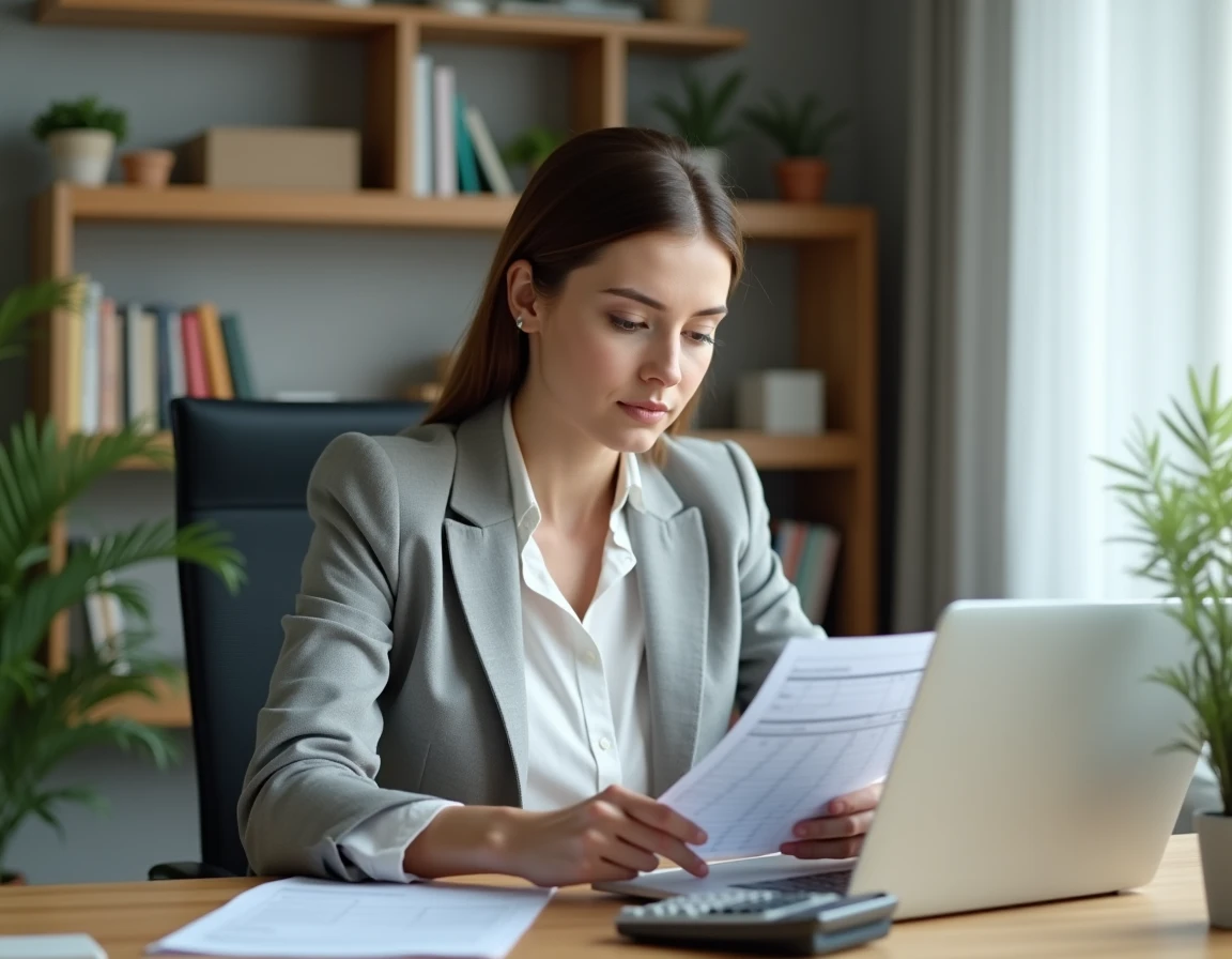 Femme calculant son salaire net en brut sur un contrat à temps partiel avec une fiche de paie et un ordinateur portable
