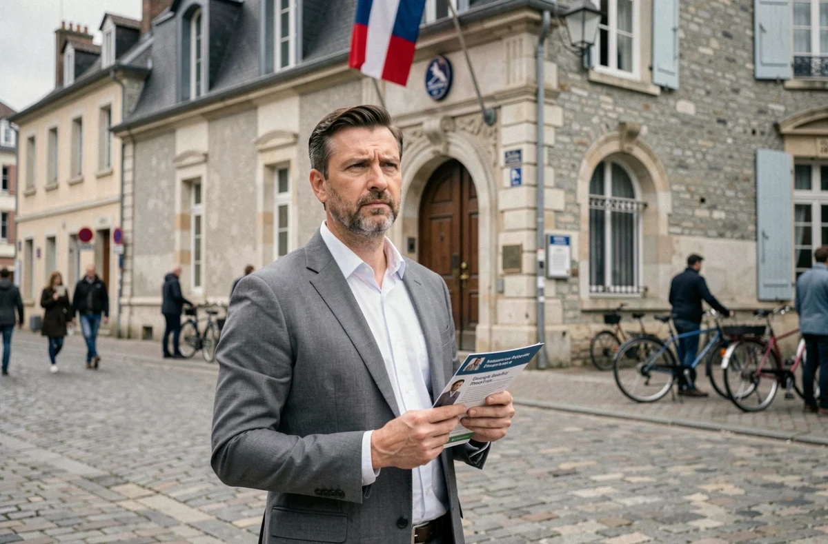 Un candidat aux élections municipales devant une mairie française, tenant un document sur les indemnités des adjoints au maire