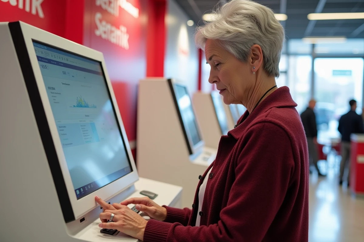 Cliente senior effectuant une démarche de changement de mot de passe Cyberplus directement en agence Banque Populaire