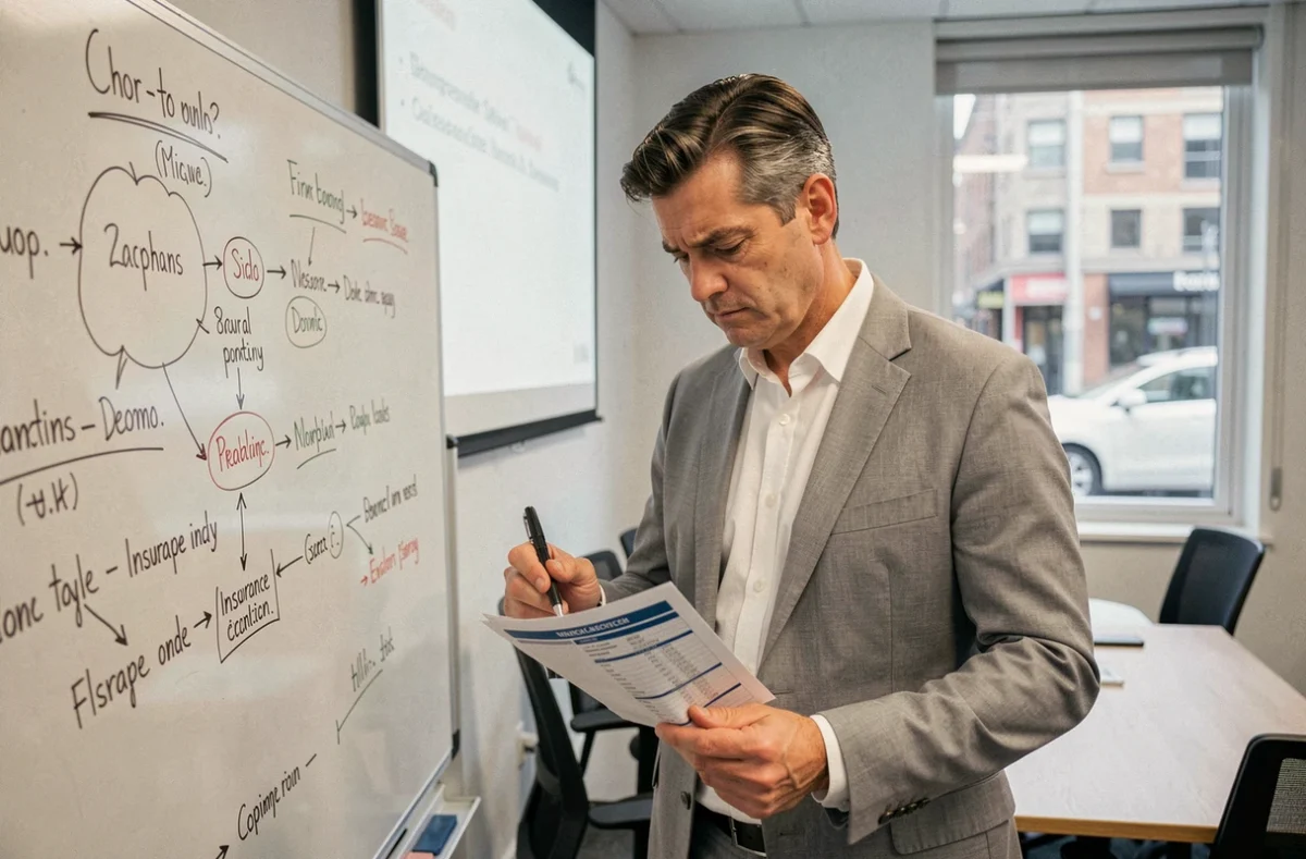 Un chef d'entreprise analyse les clauses d'un contrat d'assurance Qlara dans une salle de réunion, mettant en évidence les erreurs courantes à éviter