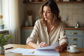 Femme consultant un chèque différé Cora et un budget familial à la maison