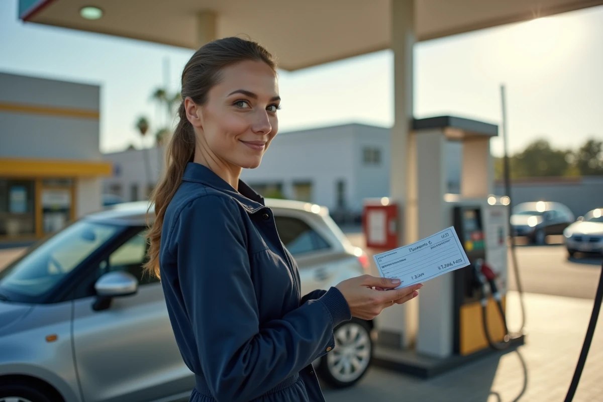 Femme utilisant des chèques vacances pour payer le carburant à une station-service