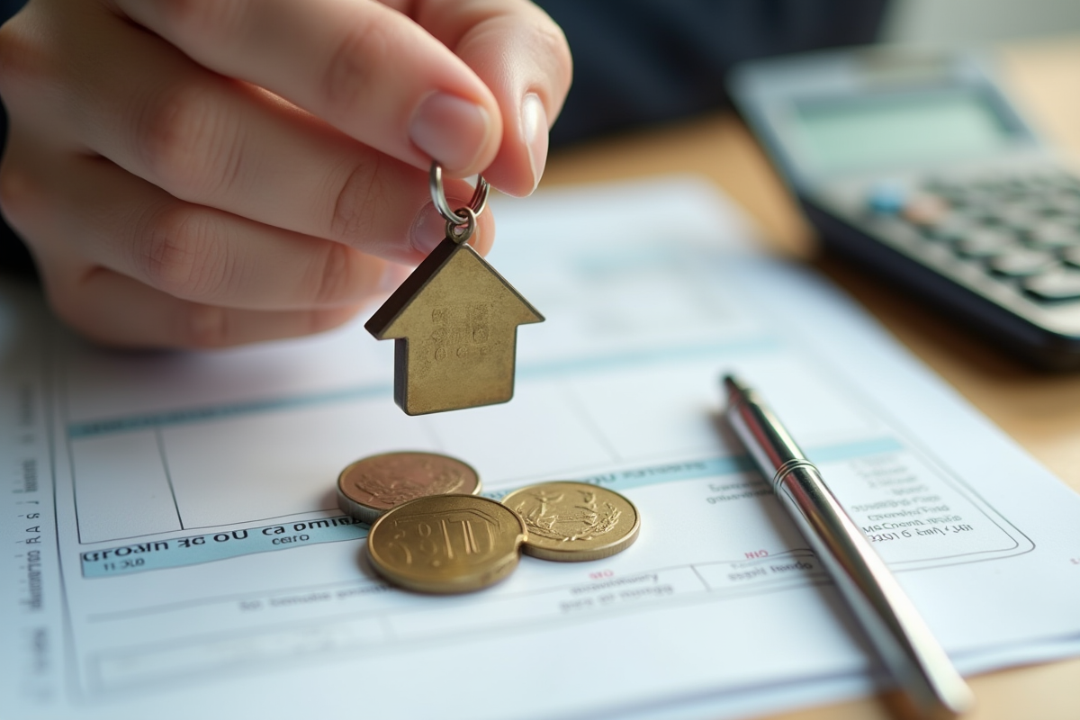 Main tenant une clé en forme de maison avec des euros sur un dossier de prêt immobilier