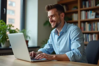 Homme comparant des assurances auto en ligne sur un ordinateur portable dans un bureau à domicile moderne