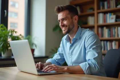 Homme comparant des assurances auto en ligne sur un ordinateur portable dans un bureau à domicile moderne