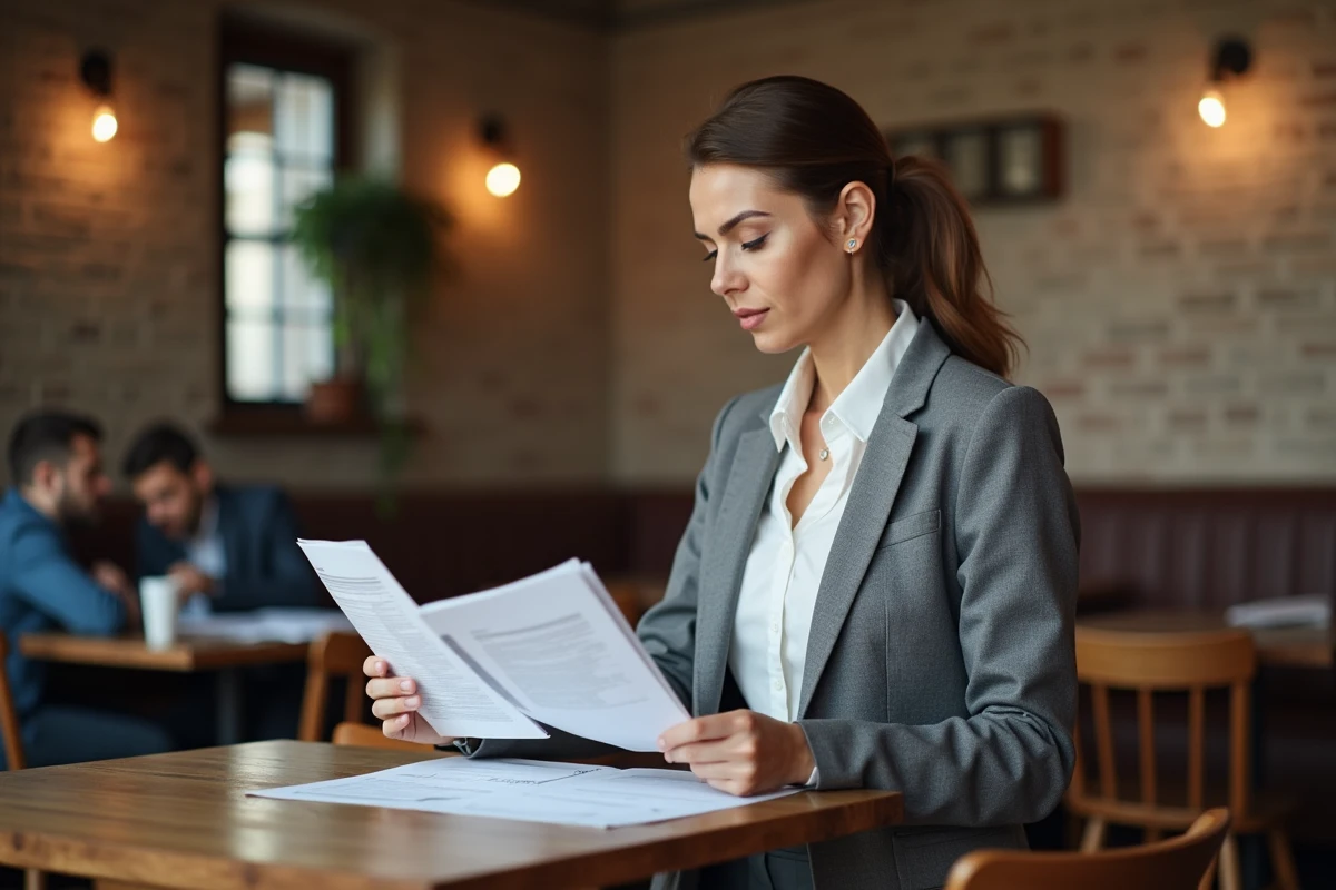 Une professionnelle française compare des fiches de paie française et suisse dans un café genevois