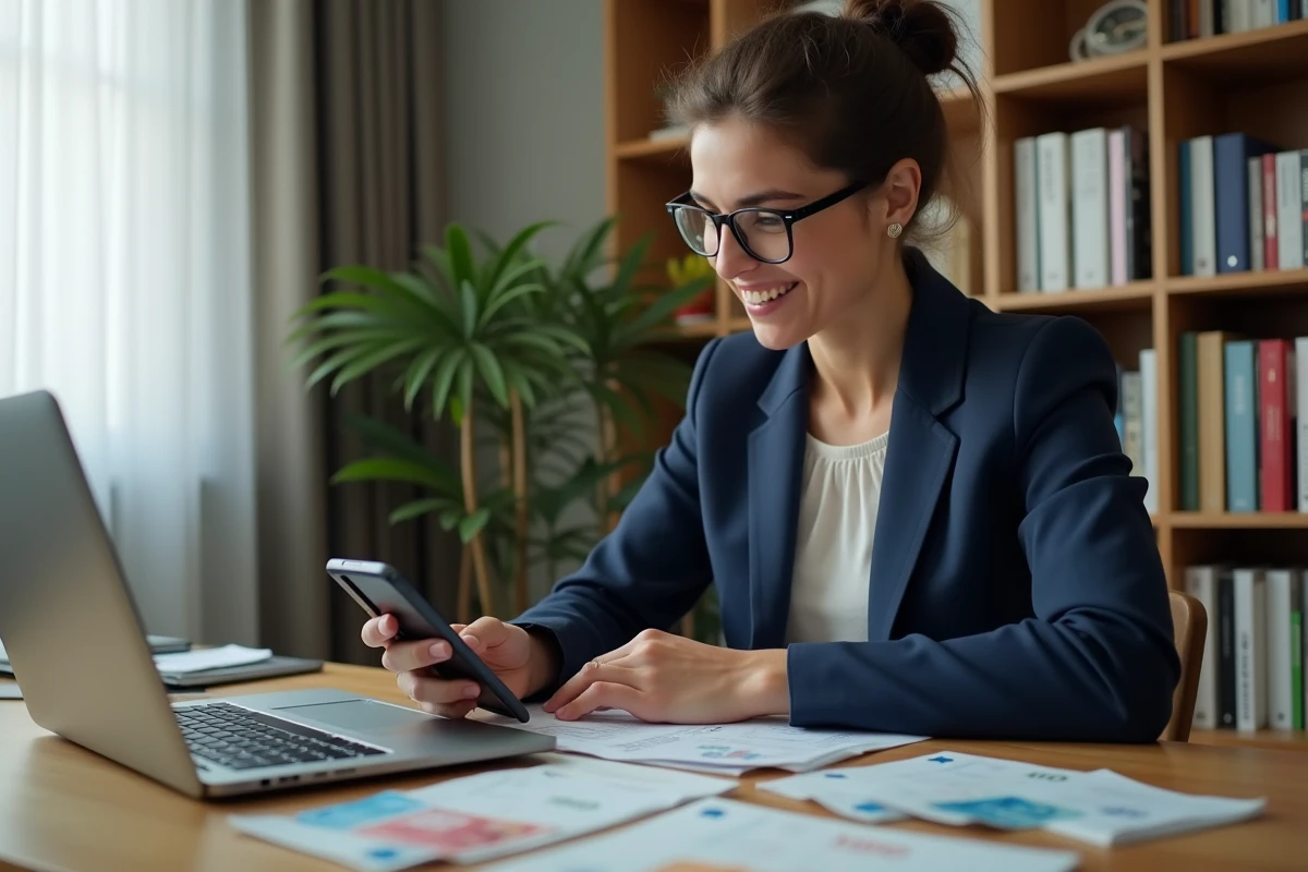 Femme comparant les taux de change dirham euro sur ordinateur et smartphone dans un bureau à domicile