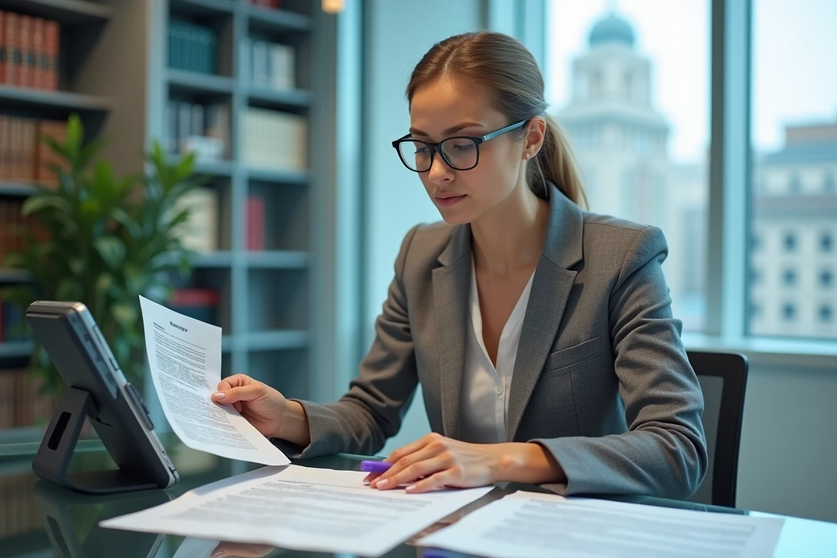 Femme comptable analysant la réglementation fiscale des cryptomonnaies et le formulaire 3916 bis dans un bureau professionnel