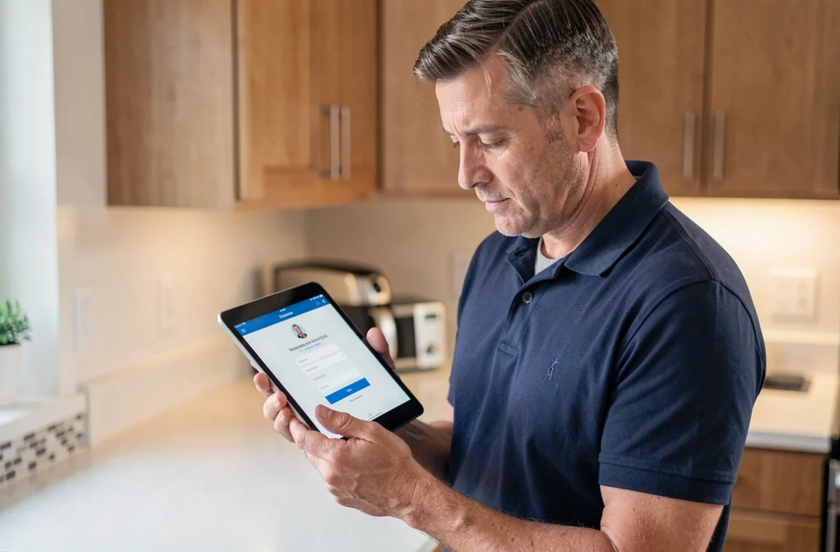 Salarié consultant son espace personnel Arkevia sur une tablette depuis son domicile