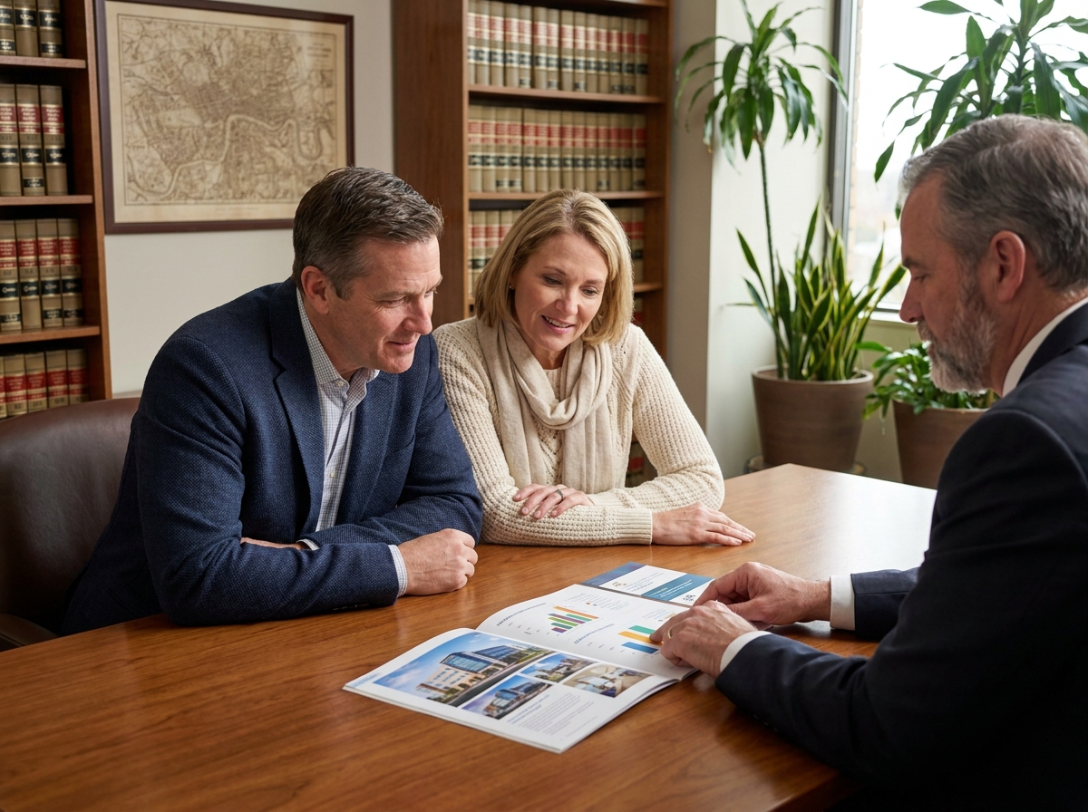 Couple en réunion avec un conseiller financier pour investir dans l'immobilier de santé et obtenir des revenus réguliers