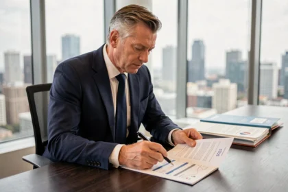Conseiller financier analysant le prix d'exécution d'une SCPI dans un bureau professionnel