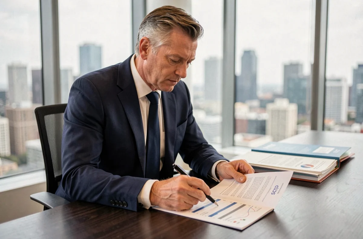 Conseiller financier analysant le prix d'exécution d'une SCPI dans un bureau professionnel