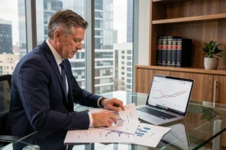 Un conseiller financier masculin analysant des graphiques d'évolution du taux CMS sur 10 ans dans un bureau moderne avec vue sur la ville
