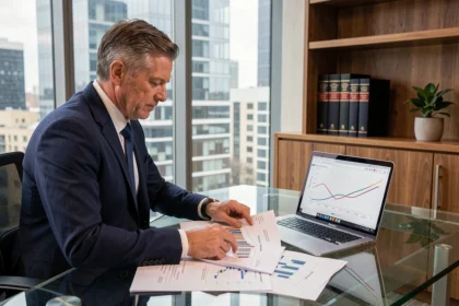 Un conseiller financier masculin analysant des graphiques d'évolution du taux CMS sur 10 ans dans un bureau moderne avec vue sur la ville