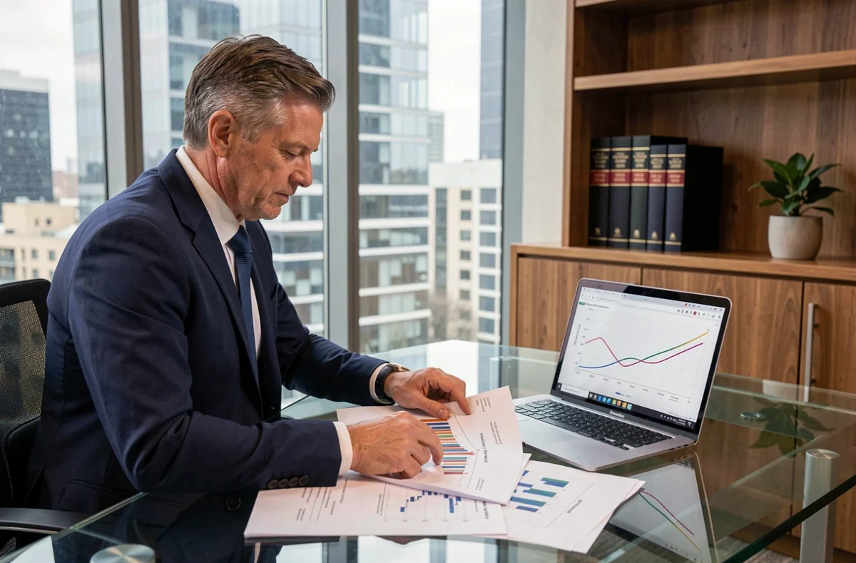 Un conseiller financier masculin analysant des graphiques d'évolution du taux CMS sur 10 ans dans un bureau moderne avec vue sur la ville