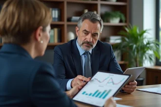 Conseiller financier expliquant un graphique à un client dans un bureau élégant