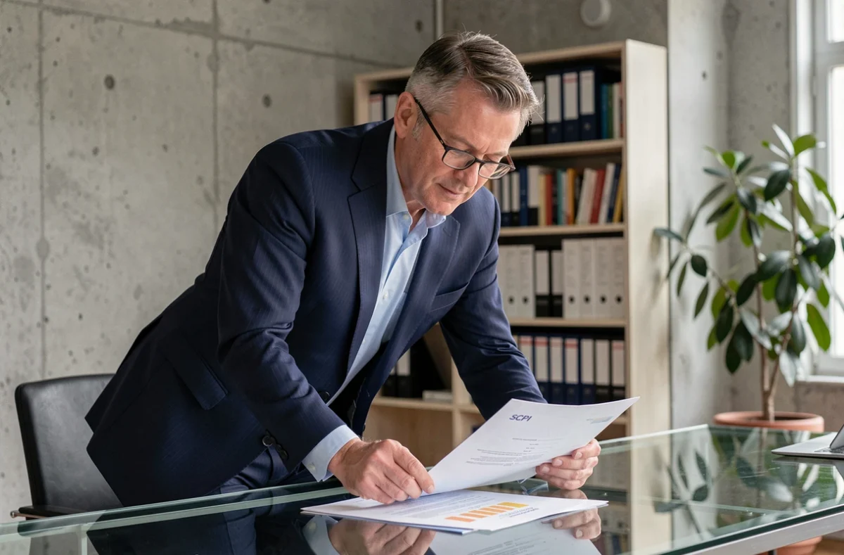Conseiller financier analysant des documents de SCPI dans un bureau moderne à Paris, illustrant le risque de perte en capital