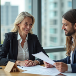 Conseillers immobiliers souriants en réunion dans un bureau moderne