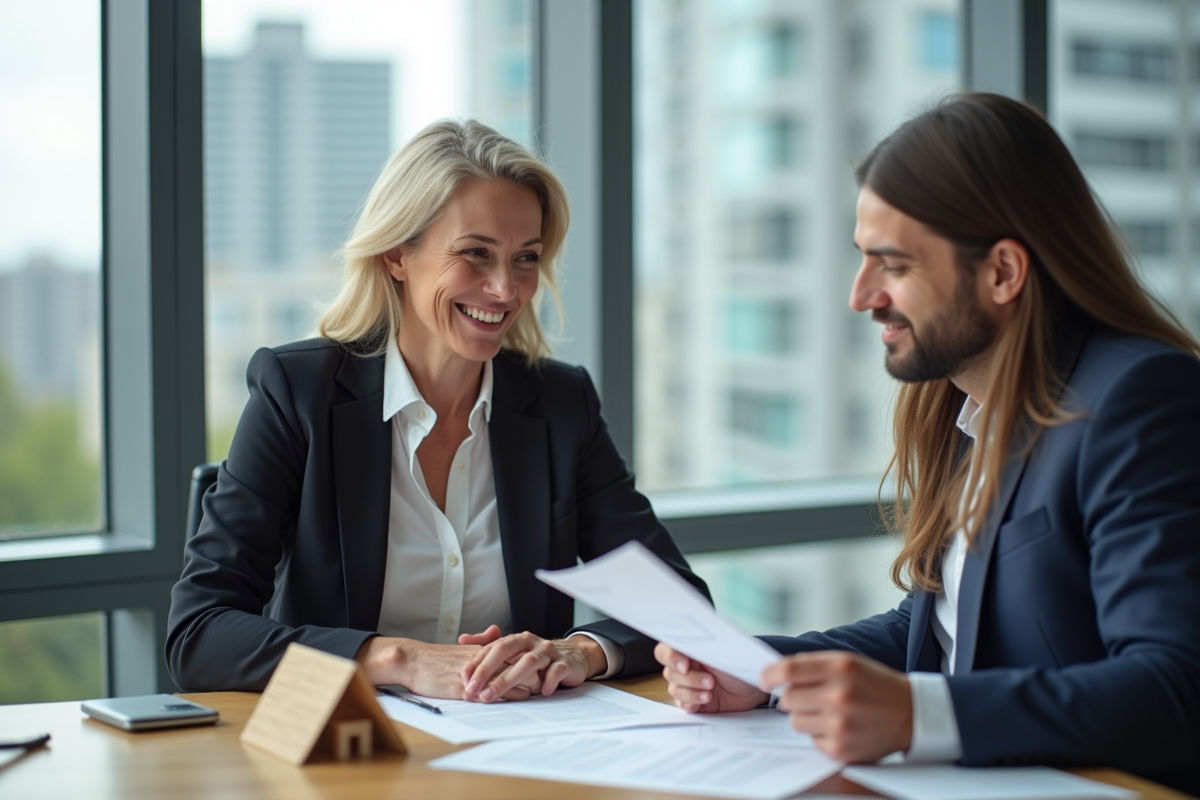 Conseillers immobiliers souriants en réunion dans un bureau moderne
