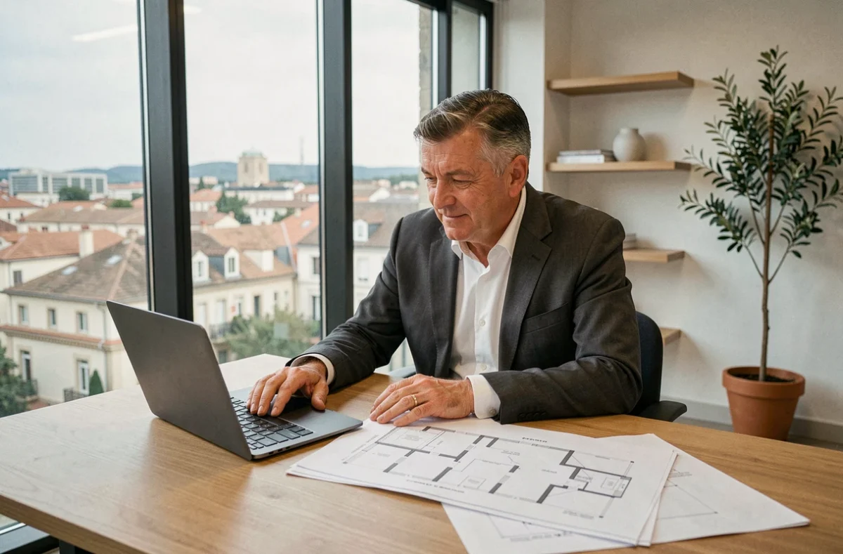 Consultant immobilier masculin en agence moderne analysant des plans de propriété avec vue sur une ville d'Occitanie