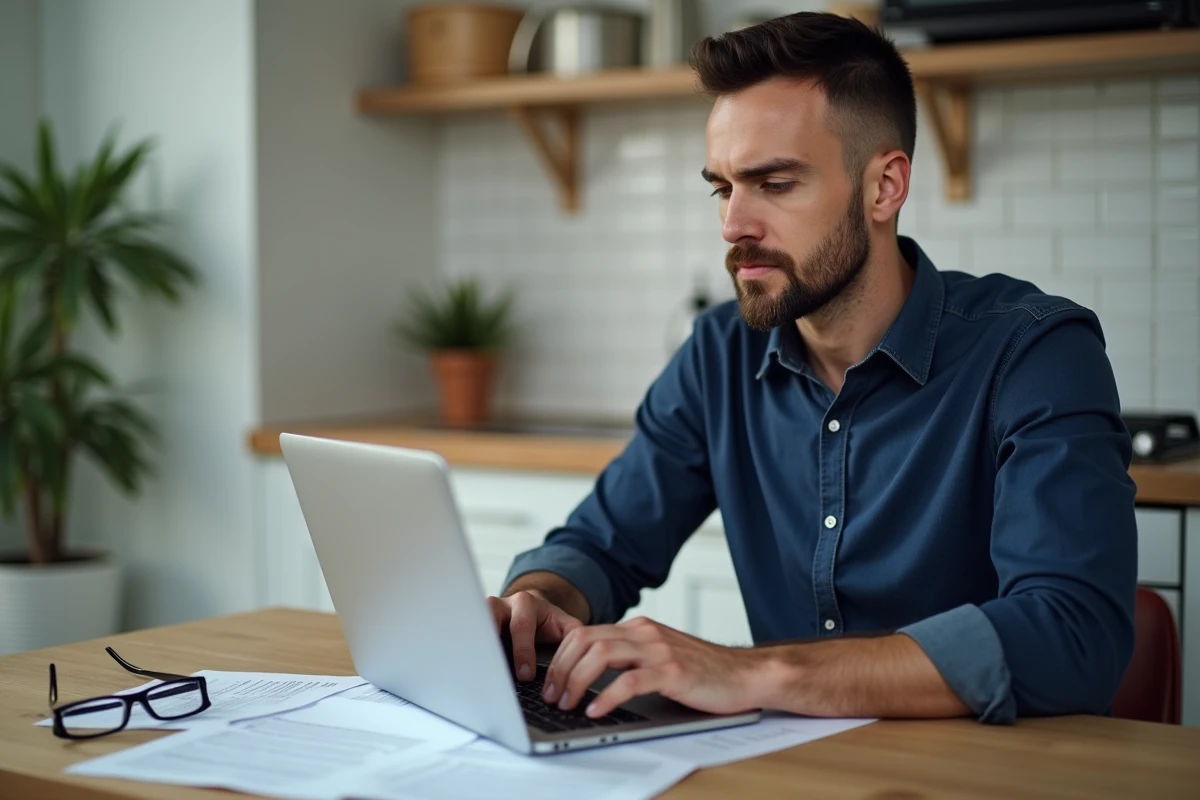 Homme consultant son contrat d'assurance perte lunettes sur ordinateur portable à la maison