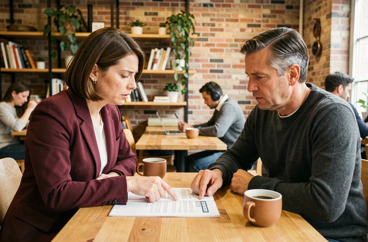 Deux professionnels consultent ensemble un contrat d'assurance professionnel dans un espace de coworking, discutant des erreurs fréquentes lors de la souscription