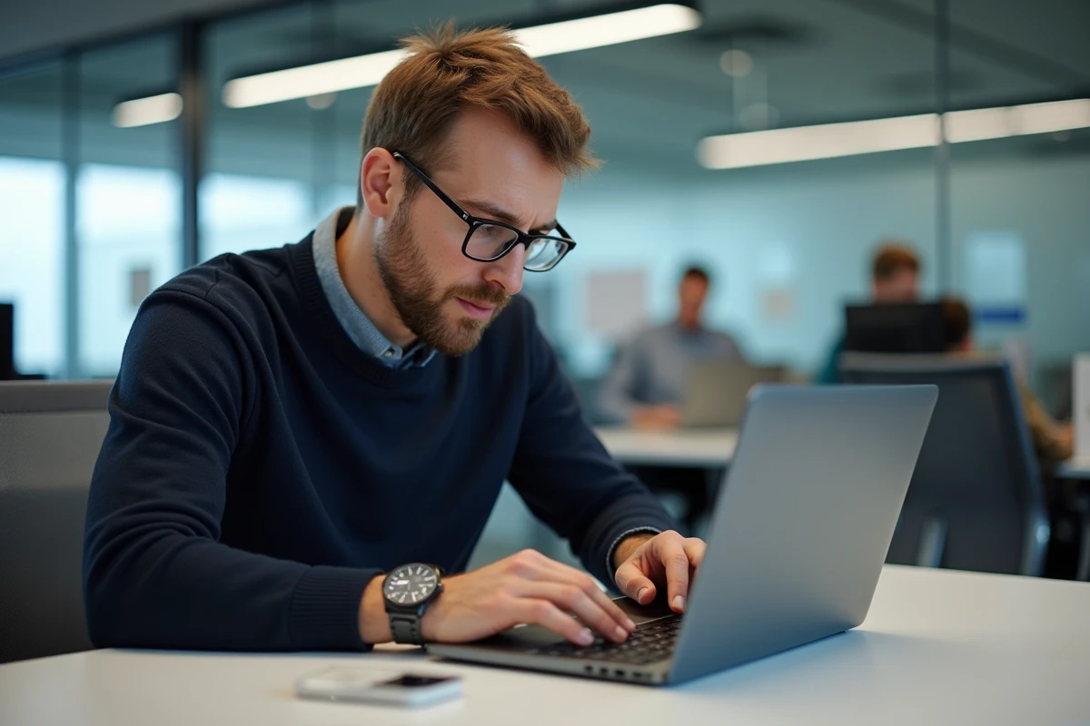 Homme au bureau convertissant des heures en centièmes sur un tableur avec une montre au poignet