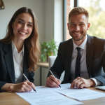 Couple souriant en affaires avec contrat et assurance