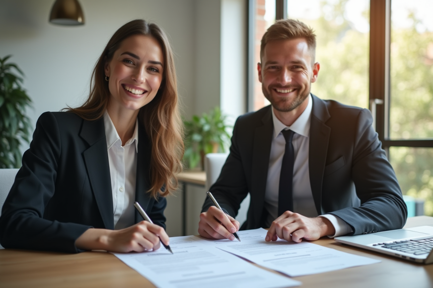 Couple souriant en affaires avec contrat et assurance